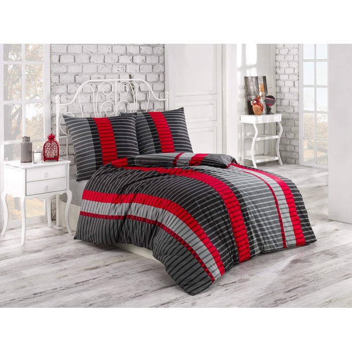 Комплект постільної білизни 200x200 з бавовни – набір постільної білизни на всі сезони, м'який та дихаючий, простирадло та наволочки 80x80 см з блискавкою, Petrol (Вітер/Червоний, 200x200 см (3-частини))