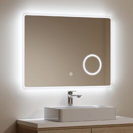 Дзеркало для ванної кімнати EMKE з підсвічуванням 100x60 см, LED, 3x косметичне дзеркало, холодний білий світ, 6500K, сенсорне, IP44, енергозберігаюче