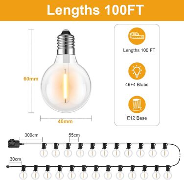 Вуличні струнні світильники 18M, G40 LED, IP45, 2700K Теплий білий, для саду, балкона, весілля, вечірки