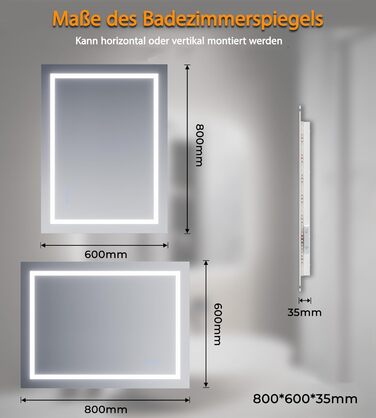 LED-дзеркало для ванної кімнати з підсвічуванням 70x50 см, 4 мм без міді, сенсорне керування, регулювання кольору світла, протизапітніння, Smart-дзеркало