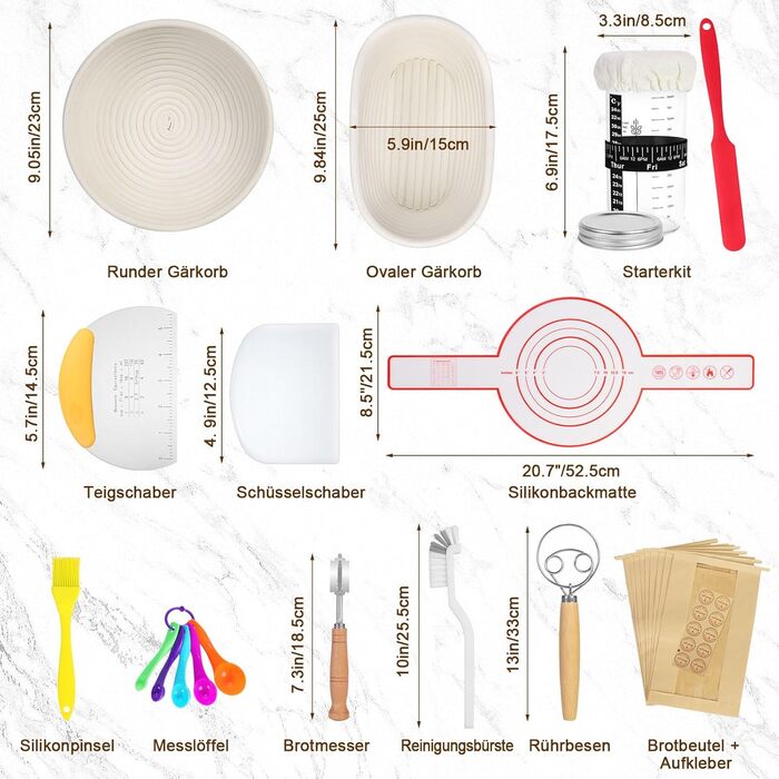 Набір для приготування закваски та випікання хліба SHANNA: корзинка для бродіння, скляна тара, скребок, мішалка, ніж (бамбук, спіральний дизайн)
