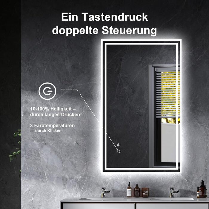 Дзеркало для ванної кімнати Youyijia з підсвічуванням, 70x50 см, з антизапарюючим покриттям, сенсорним вимикачем, 3 кольори світла, регулювання яскравості, 3500K-6500K