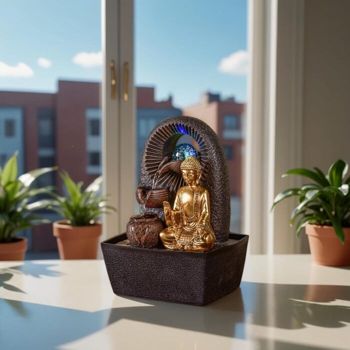 Джерело води Zen'Light від Zimmerbrunnen з Буддою та LED-підсвічуванням. Сучасна декорація для медитації та релаксації. Об'єкт Фен-Шуй, висота 26 см, колір горіх (Bhava)