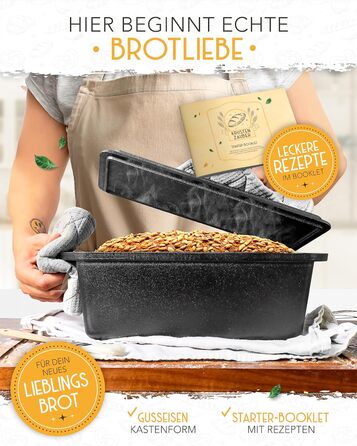 Форма для випікання хліба з чавуну з кришкою Krustenzauber - міцна прямокутна 28 см, ідеальна для хліба, тостів, випікання в чавунному горщику