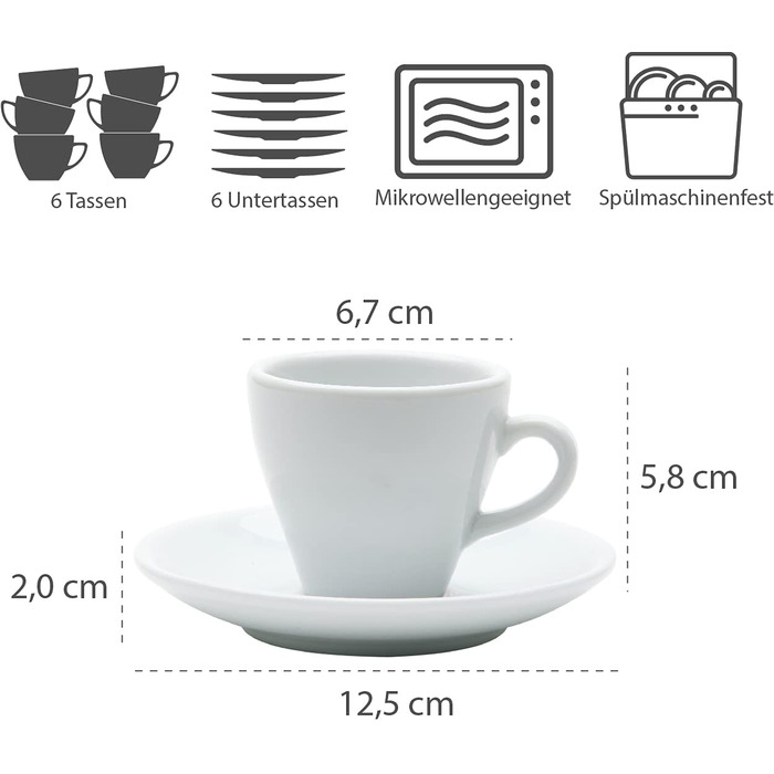 Набір чашок для еспресо з 12 предметів-білі, 90 мл, порцелянові, товстостінні, можна мити в посудомийній машині, італійський дизайн