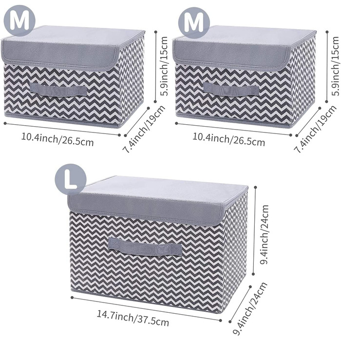 Ящики для зберігання DIM J з 3 предметів з кришкою і ручкою, складаний ящик для зберігання одягу, одягу, книг, косметики, іграшок (сірий колір з хвилястістю, 37,5*24*24 див 26.5*19* 15 см)