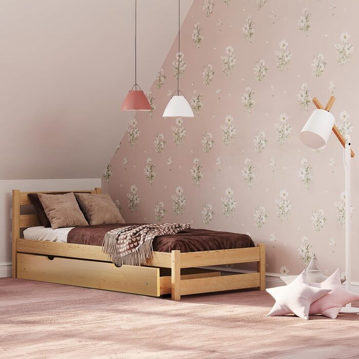 Ліжко дитяче Вробель Kinderbett 90x200 см з 2 ящиками та ламелями - односпальне ліжко з масиву сосни - ліжко Монтессорі для дітей - ліжко-ліжко для підлітків білого кольору - без матрацу