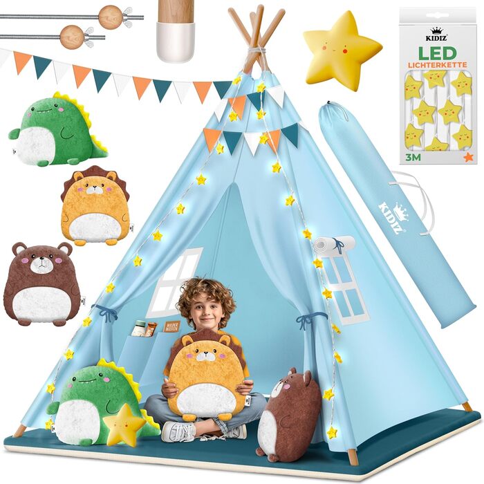 Дитячий намет KIDIZ Teepee 100x100x160см зі світлодіодом, декором та аксесуарами, для дому та вулиці (Синій)