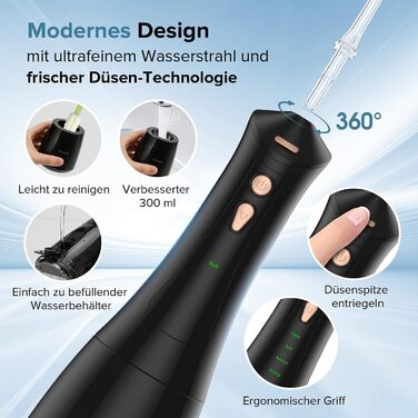 Електричний ірigator для порожнини рота Munddusche, 5 режимів, 5 насадок, 300 мл резервуар, перезаряджається, для чищення зубів та ясен, водонепроникний IPX7, чорний