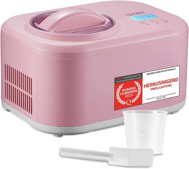 Електрична машина для приготування морозива TZS First Austria 1L з компресором 3 в 1 - для морозива, сорбету та замороженого йогурту, з мірним стаканом та лопаткою, рожева