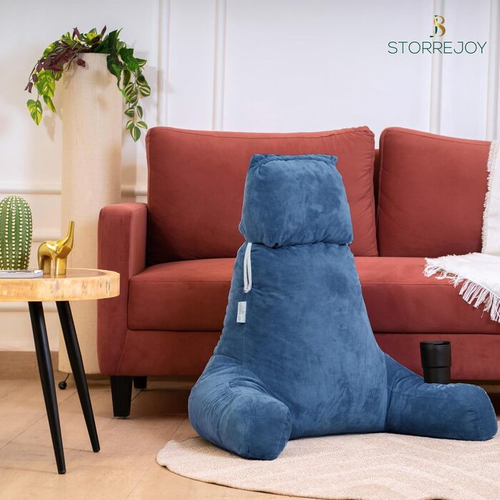 Storrejoy Велике крісло-лежак для читання з підголовником, кишенями та тримачем для книги/планшета (антрацит, блакитний)