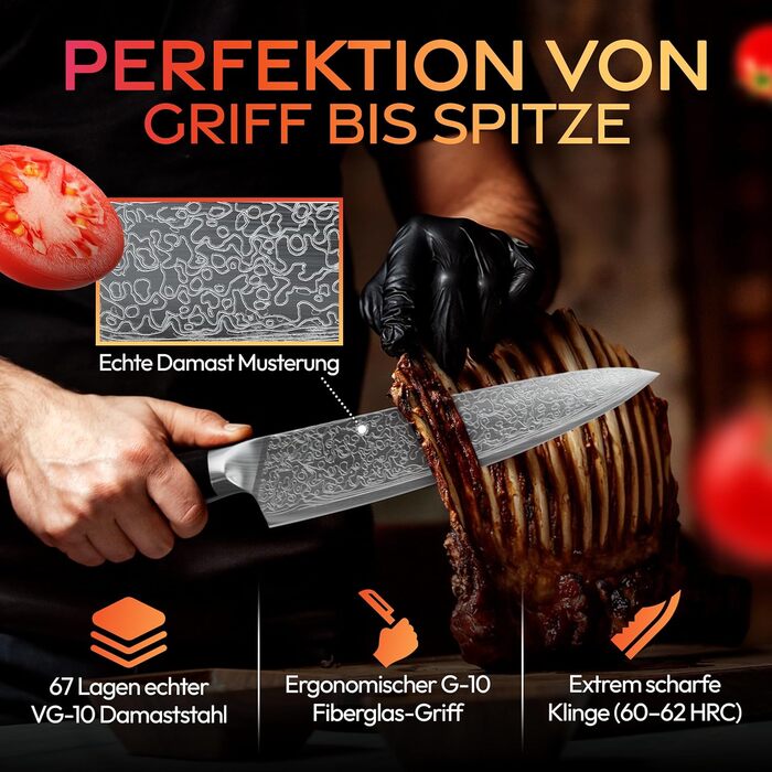 Японський ніж кухарський Damast 20см, 67 шарів Damast сталі, ергономічна ручка G-10, подарункова упаковка