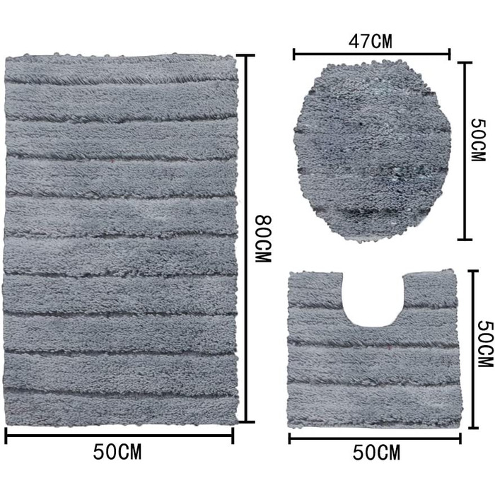 Набір килимків для ванної кімнати Jianyana (3 шт.) з мікрофібри, антиковзаючі, м'які, з довгим ворсом, для душу, у формі контуру, на унітаз, сірий в смужку