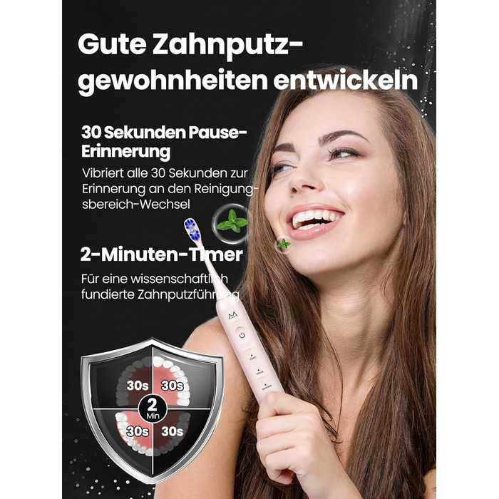 Електрична зубна щітка для дорослих B10PRO-Rosa, 5 режимів, 48000 VPM, IPX8, акумулятор 180 днів, таймер, 4 насадки, чохол