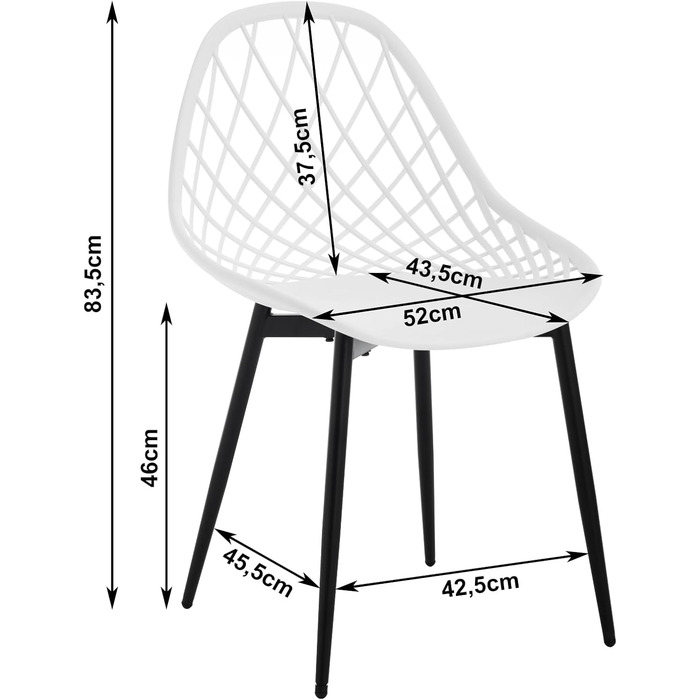 Набір обідніх стільців 4 шт., кухонний стілець з перфорованою спинкою, стілець для вітальні з металевими ніжками, пластиковий стілець для кухні, вітальні, балкону, скандинавський, білий, K0018EZS-4