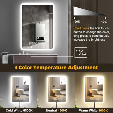 Дзеркало для ванної кімнати з підсвіткою 50x70 см з Bluetooth, годинником, функцією проти запотівання та сенсорним вимикачем