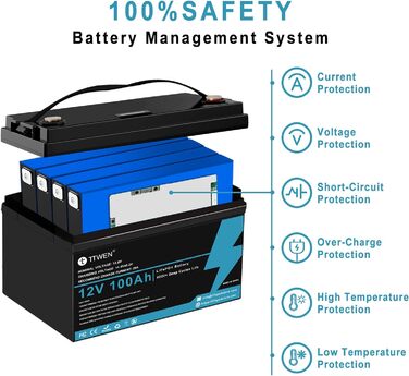 Акумуляторна батарея COMETX 12V 100Ah LiFePO4, 1280 Втгод, 4000 циклів, 100 А BMS, 24,25 фунта, послідовно/паралельний