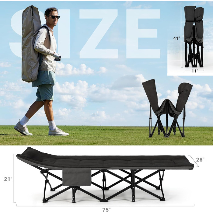 Розкладне кемпінгове ліжко OVERMONT з матрацом, 190x70x40 см, витримує до 250 кг, тканина Оксфорд, з кишенею та сумкою для перенесення, чорне