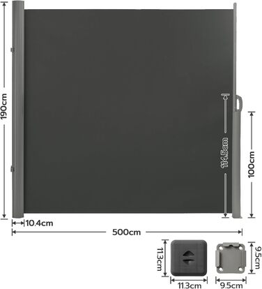 Висувна бокова маркіза LARMNEE 190x500 см, темно-сіра, сонцезахисна та захист від поглядів, для балкона, тераси, саду