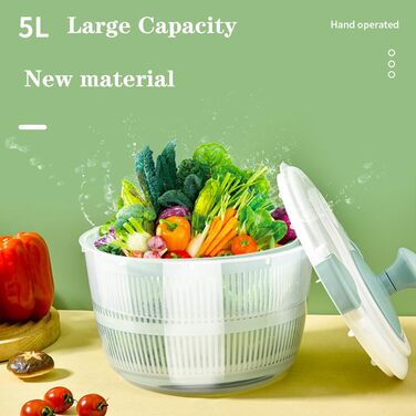 Салатниця-сушарка 5 л з кришкою, стійка до падінь та високих температур, для салатів, овочів та фруктів, безпечна, для вегетаріанців, придатна для миття в посудомийній машині