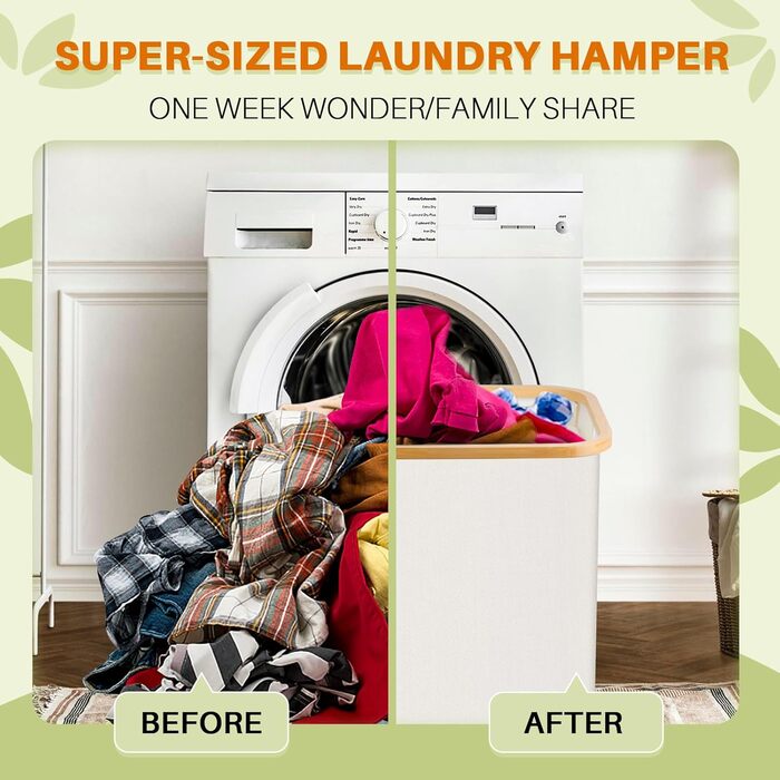 Кошик для білизни з кришкою, 160 л, сортер для брудної білизни з 3 відділеннями, великий сортер з висувними внутрішніми кишенями, етикетками (145 л, Бежевий)