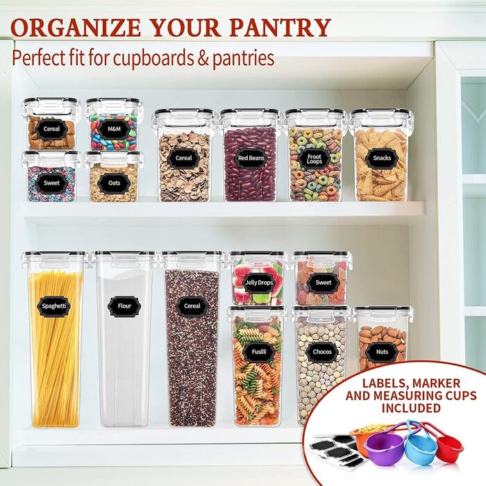 Набір контейнерів для зберігання KAHEIGN 16 шт. з кришкою, 4 розміри, герметичні, BPA-free, прозорі контейнери для продуктів, кухонні, для борошна, крупи, мюслі