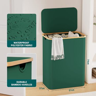 Кошик для білизни Youdenova з кришкою, великий, 160л, бамбук/дерево, сортувальник, білий