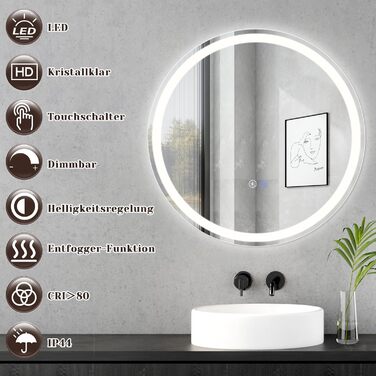 Дзеркало для ванної кімнати Mursche з підсвічуванням LED, 50x70 см, IP44, сенсорний вимикач, годинник, антизапарник, регулювання яскравості 3000K-6500K