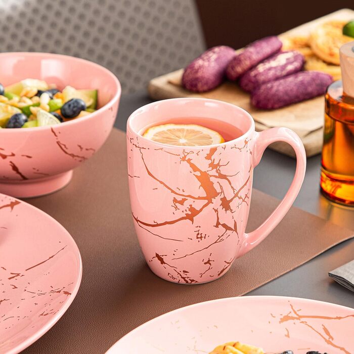 Порцеляновий сервіз, комбінований сервіз LOVECASA SWEET з 16 предметів, набір столового посуду із золотими бризками, для 4-12 осіб Рожевий сервіз з 16 предметів