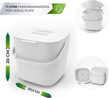 Відро для компосту YourCasa - 7 л-для побутових органічних відходів на кухні - можна мити в посудомийній машині-не має запаху-знімна внутрішня вставка-органічний сміттєвий бак з кришкою кухонний контейнер для органічних відходів (білий)