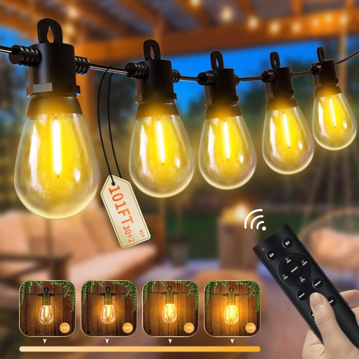 LED гірлянда для зовнішнього використання 30м з пультом, S14, 100FT, IP65, 30+2 лампочки, тепле світло 2700K, для саду, тераси, балкону, двору