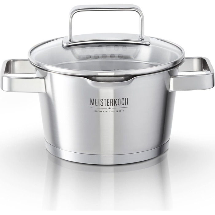 Каструля Meisterkoch з нержавіючої сталі 16 см з виливом, мірною шкалою та ізольованою ручкою | з кришкою з скла та ситом | кухонне приладдя, підходить для індукційних плит