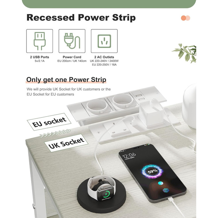 Нічний столик з 3 шухлядами, зарядний станція, 2 розетки AC та 2 USB, з роликами, білий