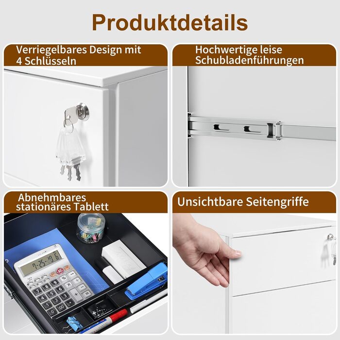 Роликовий контейнер HOMSTEEL з замком, 4 ключі, 4 шухляди, металевий шафа, готовий до збирання, для офісу, домашнього офісу, білий (44T x 37B x 69.5H cm)