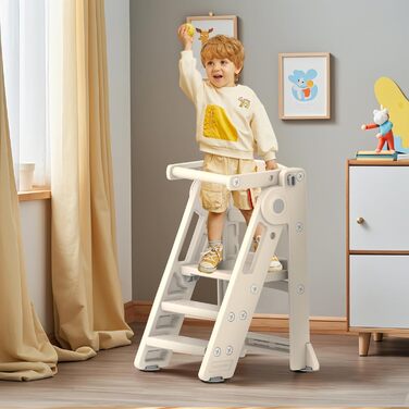Стілець-сходинка для дітей Hoopyosms: регульована висота, складний, Montessori, для кухні, ванної кімнати та дитячої кімнати, від 1 року (Classic, Бежевий)