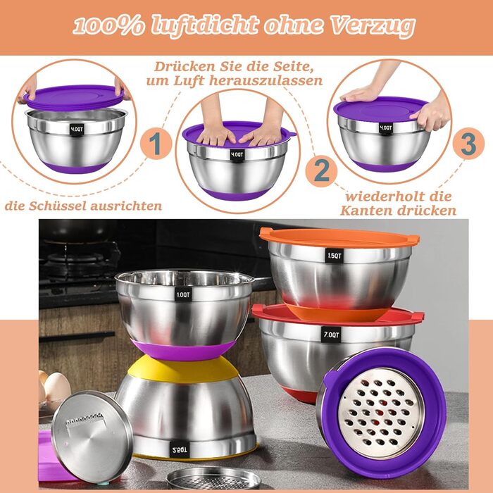 Набір мисок для приготування їжі з нержавіючої сталі (6 шт.) з кришками та силіконовим дном, набір терок, 6.6/3.8/2.4/1.9/1.4/0.6 л - кольорові