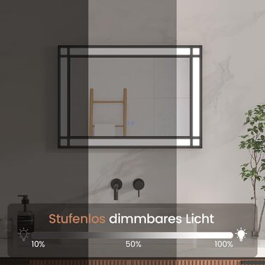 Дзеркало для ванної кімнати AQUABATOS LED з підсвічуванням 50x70 см, імітація вікна, сенсорне регулювання, антизапар, чорний алюмінієвий каркас, індустріальний стиль