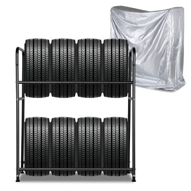 Стеляж для шин на 8 шин, 107 x 46 x 117 см, 2 яруси, регулювання висоти, вантажопідйомність 180 кг, з захисними чохлами для гаража, підвалу, майстерні, 1 шт.