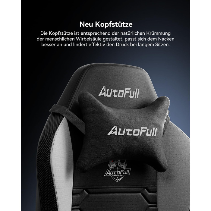 Ігровий крісло AutoFull C3: ергономічний дизайн, 2D підлокітники, підставка для ніг, подушки для голови та попереку, чорно-білий матеріал, 150 кг, комфортний