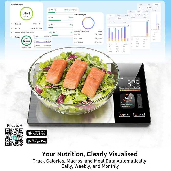 Розумна кухонна вага з підрахунком калорій та Bluetooth: відстежує 20 поживних речовин, точність 1 г, функція тари, для схуднення, фітнесу та підготовки їжі