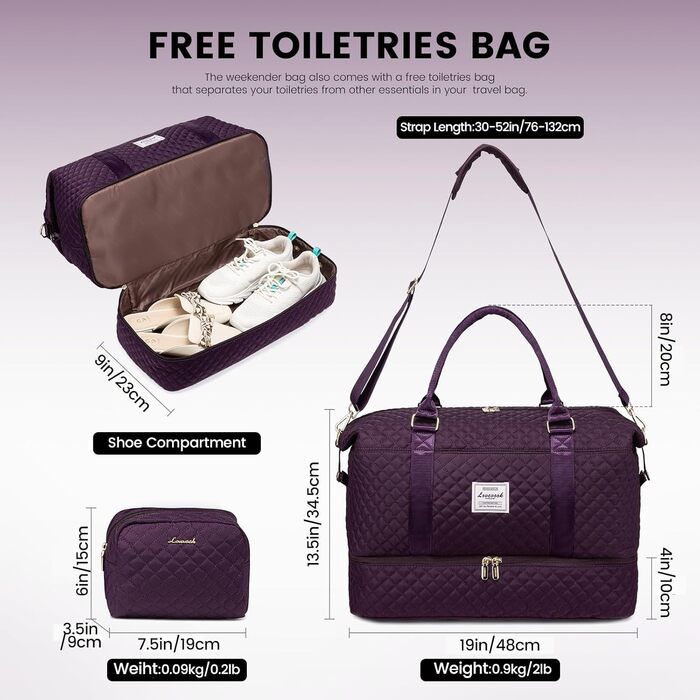 Спортивна сумка LOVEVOOK для жінок: велика дорожня сумка-мішок з косметичкою, відділенням для взуття, водонепроникна, для подорожей, спортзалу, клініки, пологів (M-2шт, темно-фіолетовий)