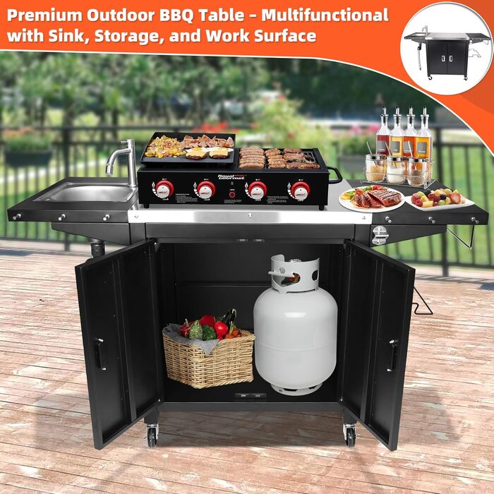 Гриль-вогн на колесах GFTIME: мобільний стіл для піци з нержавіючої сталі, кухонний острів з шафкою та полицями, 154 x 63 x 89 см