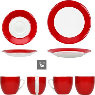 MamboCat Кавовий сервіс на 18 персон: 6 чашок (200 мл), 6 блюдець, 6 тарілок | Кольоровий фарфоровий посуд для кави та сніданку