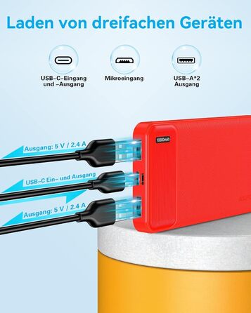 Набір з 2 шт. , тонкий, USB-C, 4 порти, сумісний з iPhone, Samsung (червонийсиній), 10000mAh