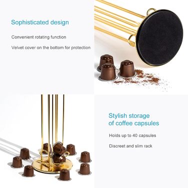 Тримач для капсул кави INTIRILIFE сумісний з Nespresso (40 шт) з заліза, золотий, 11.5 x 37.5 см, поворотний на 360°, для зберігання капсул