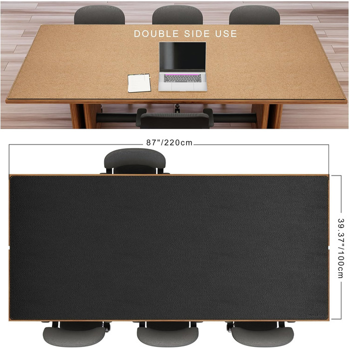 Двосторонній килимок для столу MAIDERN XXL (шкіра та корк), водонепроникний геймерський підкладник під мишу та клавіатуру, 220x100 см, чорний