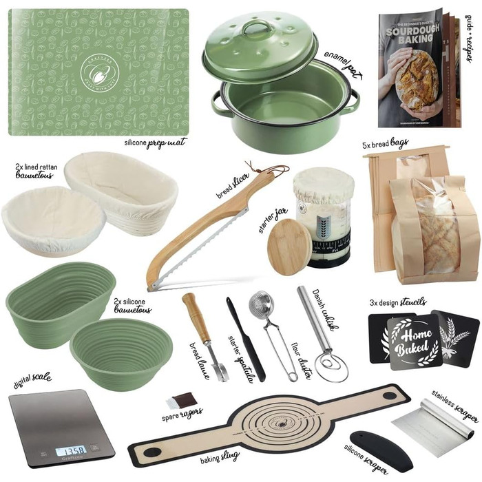 Набір для приготування закваски з повним комплектом: каструля, скляна тара 1000 мл, корзини для бродіння, скребок, ваги, рецепти та інструменти для випічки