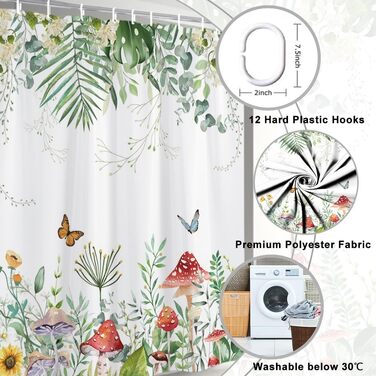 Штора для душу 180x220 см, Антигрибкова, з тропічним дизайном (пальмові листя, евкаліпт, гриби), водонепроникна, поліестер, для ванної кімнати, з 12 гачками, зелена