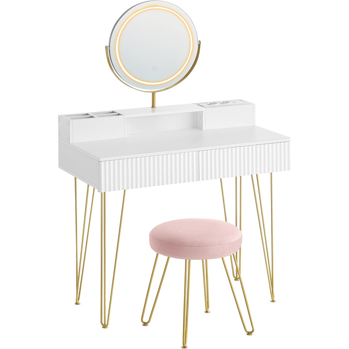 Туалетний столик VASAGLE з дзеркалом, пуфом та підсвіткою, розеткою, 40x80x134,8 см, з шухлядами, матовий білий/світлозолотий, RVT019W01 80B