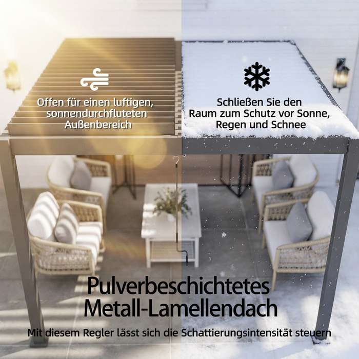 Пергола приблизно 3x3 м, алюмінієвий дах для тераси з регульованими ламелями, кріплення до стіни, темно-сірий